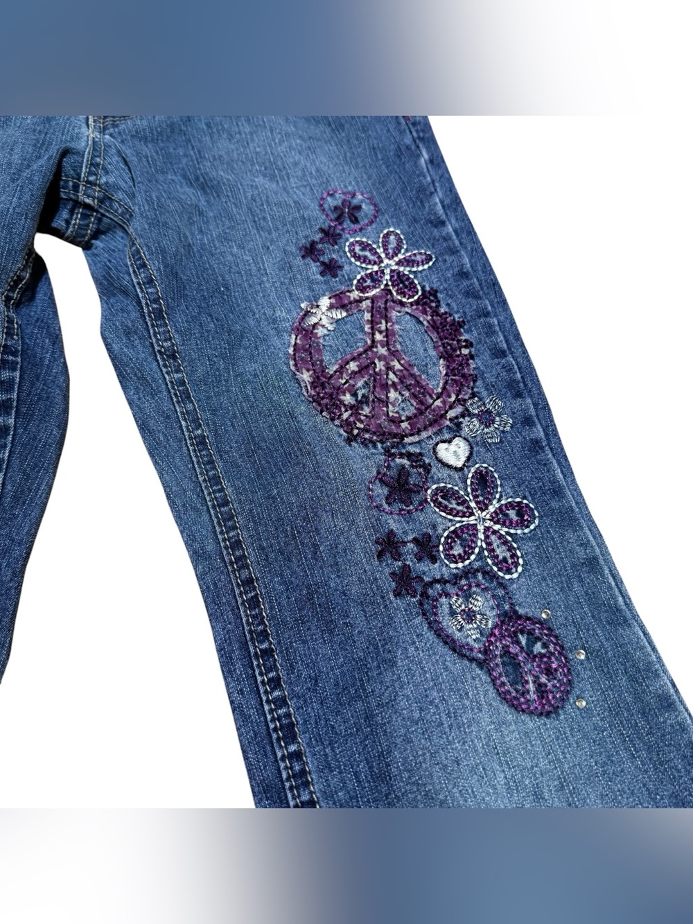 Y2K Cherokee Blue Denim Jeans Bootcut Purple Peace Floral Embroidery Western - Picture 3 of 10